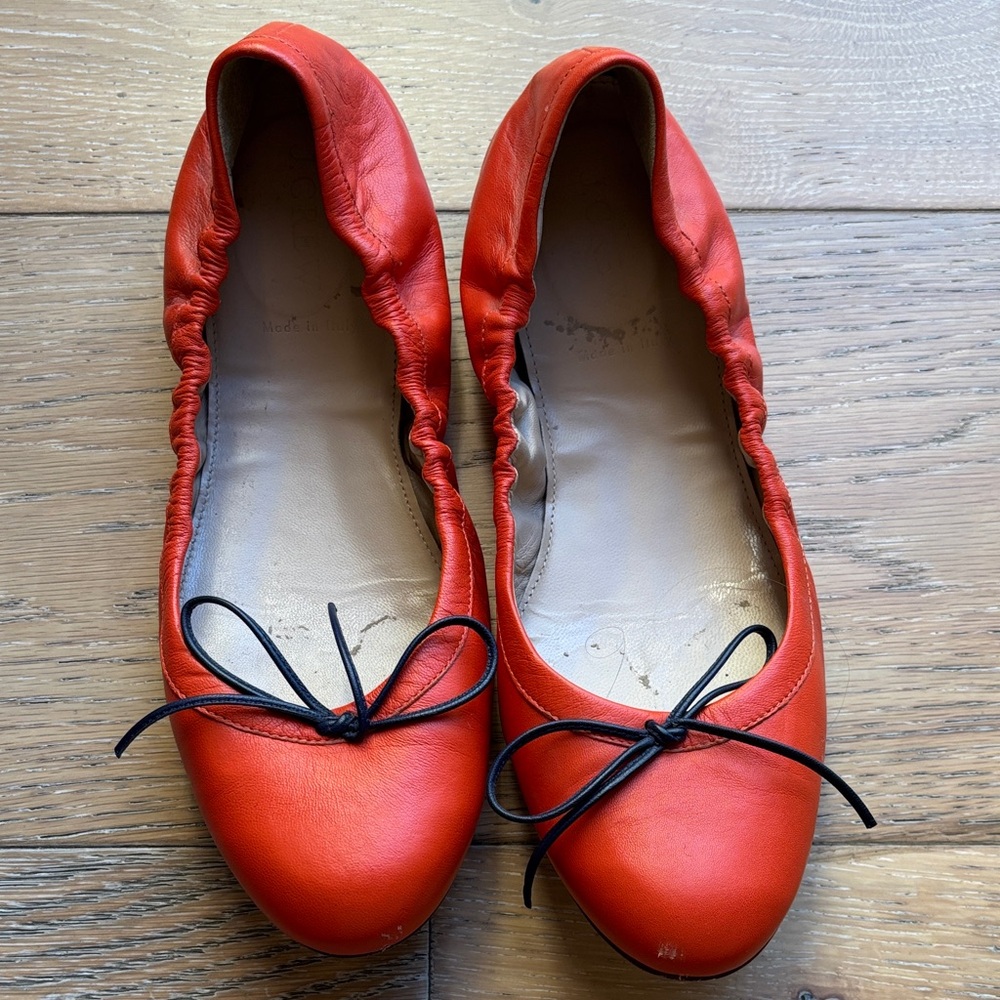 J. Crew Vibrant Red Leather Flats with Black Bow